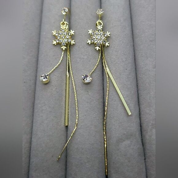 Dainty CZ Snowflake Earrings Gold Thread Dangle Holiday Wedding Formal Jewelry - Picture 3 of 8